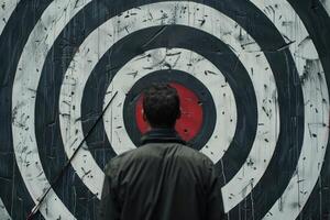 Man standing in front of target thinking about goal setting photo