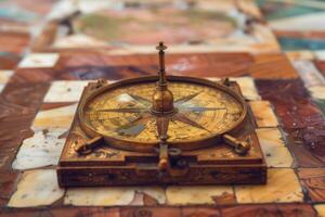 Antique compass lying on table is showing the way for explorers photo