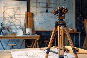 Vintage surveying theodolite on tripod standing on blueprint in architect office photo
