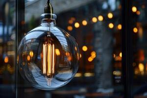 Round lightbulb hanging and reflecting warm string lights in a window photo