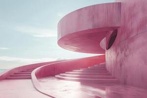 Pink modern minimalist building with round shapes is standing on the sea coast photo