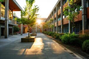 Sun shining on modern school building with trees photo