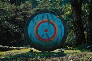 Weathered archery target standing in forest clearing with arrow in bullseye photo