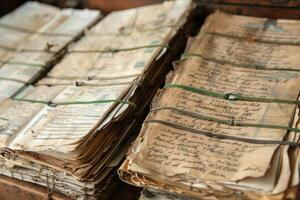 Old handwritten documents tied with string are stacked in archive photo