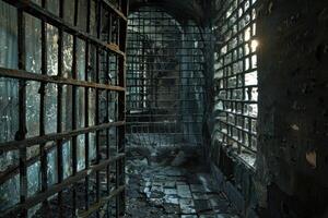Sunlight shining through bars of derelict prison cell block photo