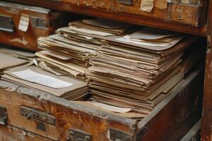 Old wooden drawer overflowing with paper documents photo