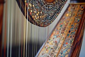 Harp strings showing tension waiting to be played by musician photo
