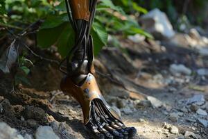 Robotic foot taking its first steps on rocky ground photo