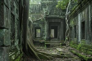 Giant tree roots are taking over ancient temple ta prohm in angkor wat, siem reap, cambodia photo