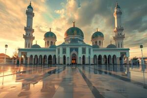 Magnificent mosque reflecting on wet pavement at sunset photo