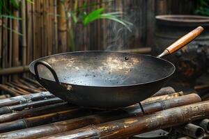 Empty wok heating up on bamboo stove with steam coming out photo
