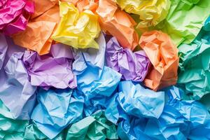 Crumpled colorful paper texture forming abstract background photo