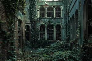 Nature taking over abandoned building with broken windows photo