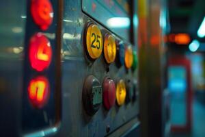 Control panel showing numbers with illuminated red button on left side photo