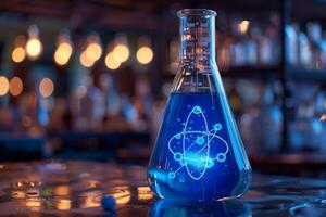 Erlenmeyer flask containing blue liquid and glowing atom symbol in modern laboratory setting photo