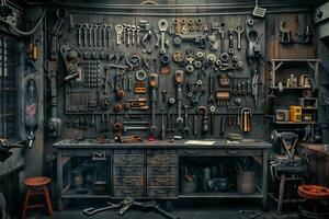 Mechanic organizing tools on pegboard in workshop photo