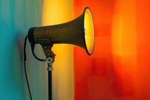 Vintage megaphone standing on tripod is broadcasting important message photo