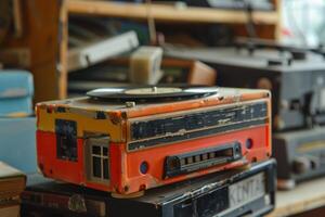Old portable vinyl record player being stored on a shelf photo