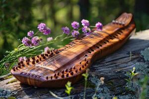 Nine stringed kantele resting on a mossy log in the woods photo