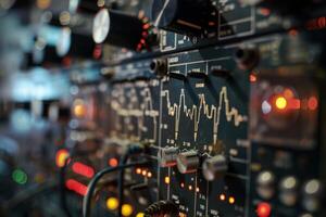 Vintage control panel with buttons and knobs displaying a signal graph photo