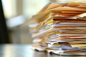 Stack of files overflowing on office desk represents paperwork photo