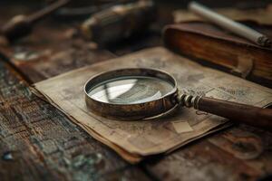 Vintage magnifying glass resting on antique documents on wooden table photo