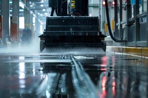 Scrubbing machine cleaning floor with soap and water in industrial hall photo