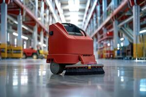 Cleaning machine scrubbing floor in warehouse or factory photo