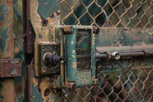 Old rusty lock securing a gate with peeling paint photo