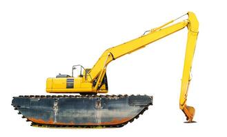 Yellow Amphibious Excavator Isolated on White Background for Construction and Industrial Use photo
