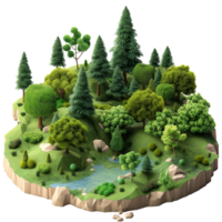 3D piece of green island with trees and rock isolated on transparent background. png