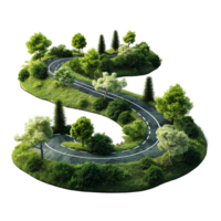 3D piece of green island with highway road isolated on transparent background. png