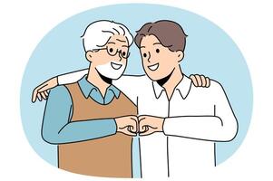 Young son and elderly father hug and bump fists to demonstrate unity between generations vector