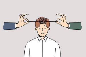 Problems with psychological health in man with tangled threads on head and hands of friends vector