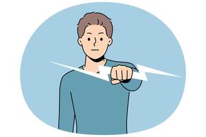 Strong man holding lightning bolt symbolizes energy and determination to solve problems and troubles vector