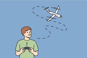 Little boy uses radio-controlled airplane and smiles, rejoicing at appearance of new toy vector