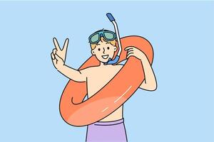 Little boy who loves to swim in pool with inflatable ring shows V gesture and looks at screen vector