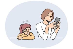 Busy mother does not pay attention to child, being addicted to phone and forgetting about daughter vector