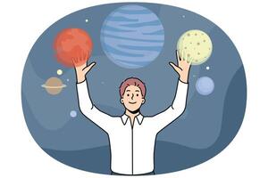 Man stands near planets space and enjoys VR technology that allows to travel around galaxy vector