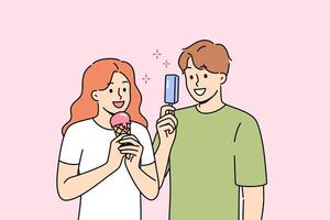 Man and woman eat ice cream to refresh themselves and satisfy hunger during summer walk vector