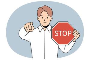 Man with stop sign in hands says access is denied and points finger at screen warning about stopping vector