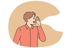 Man screams loudly putting hand to mouth instead of gramophone to communicate important information vector