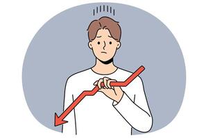 Sad man holds declining chart symbolizing beginning crisis and financial recession affecting income vector