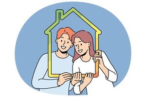 Man and woman with house outline symbolizing family property and energy efficient housing vector
