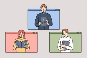 Online mass of priest reading bible with believers looking out of computer windows vector