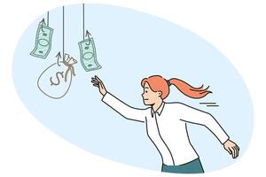 Woman is chasing money hanging on hook, wanting easy money and risking falling into trap vector