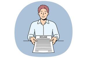 Man applicant with resume in hands came to interview in company to get desired job with high salary vector
