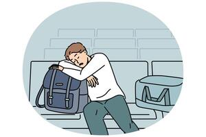 Sleeping man sits in lounge area at airport and waits for arrival plane delayed due to bad weather vector