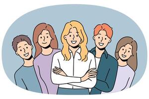 Group of businesspeople smiling and looking at screen professionally solving company problems vector