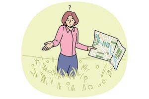 Lost woman with map stands in field and shrugs shoulders, not knowing where to go to find way home vector